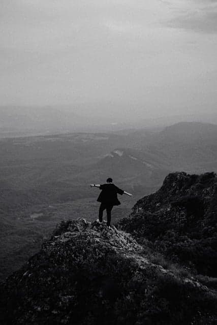 nature, mountains, landscape, black and white, cliff, solitude, adventure, silhouette, standing man, freedom, viewpoint, mist, ascent, hiking, natural beauty, reflection, lonely man, rocky, misthiker, dramatic horizon