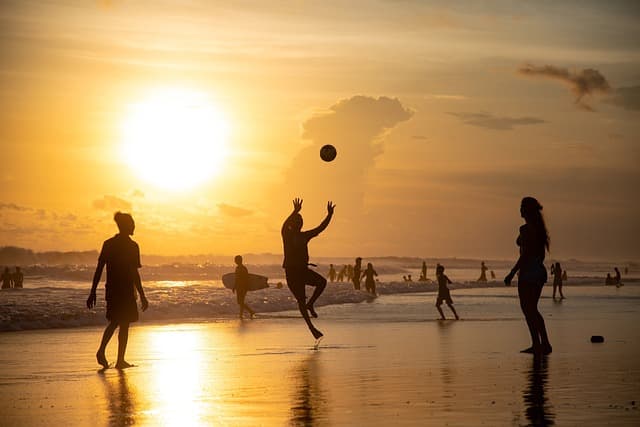 sunset, volleyball, beach, silhouette, beach volleyball, sport, playing, golden hour, sun, sunlight, coast, nature, shore, seashore, sea, ocean, leisure, vacation, people, Indonesia, Bali, Dalung