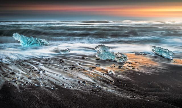 iceland, beach, ice, frost, sunset, diamond, nature, diamond beach, sea, landscape