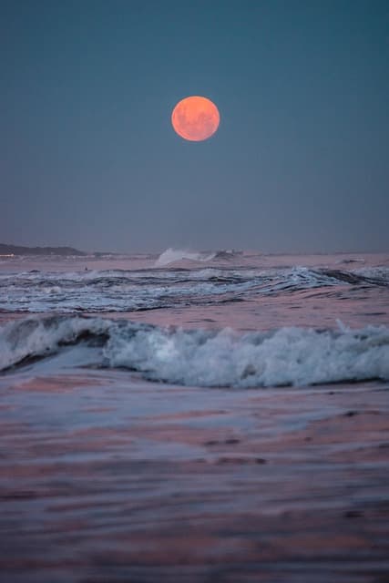 sea, moon, sunset, water, dusk, landscape, beach, evening, ocean, waves, nature, iphone wallpaper, phone wallpaper, aesthetic wallpaper