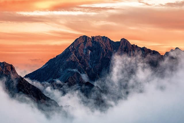 mountains, mt kitahotaka, sunset, landscape, nature, evening, clouds, chubu mountain national park, japan