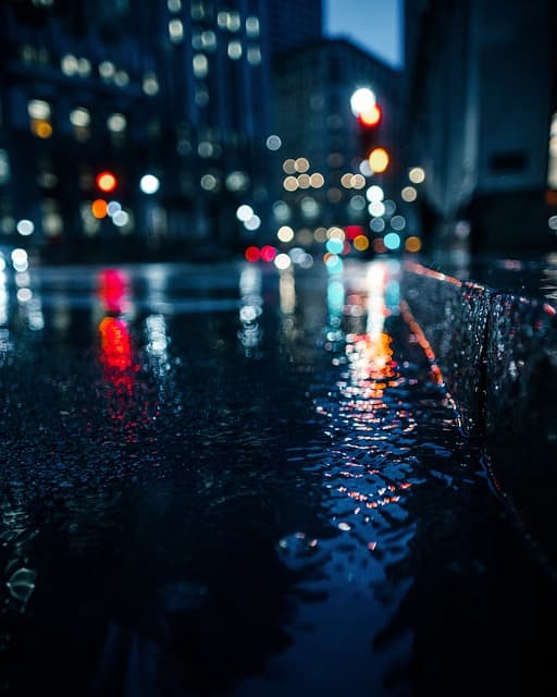 bokeh lights, wet, gutter, street gutter, street, pavement, nature, sidewalk, bokeh, lights, night, dark, urban, city, city lights, night photography, street photography, rain