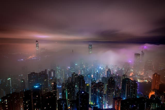 clouds, hong kong, buildings, haze, misty, nature, illuminated, city lights, skyline, cityscape, urban, urban landscape, skyscrapers, aerial view, night, mist, city, night photography