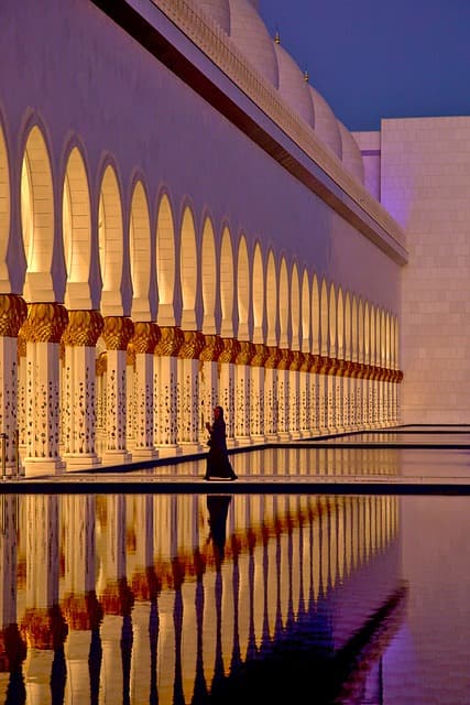 mosque, abu dhabi, architecture, orient, nature, water