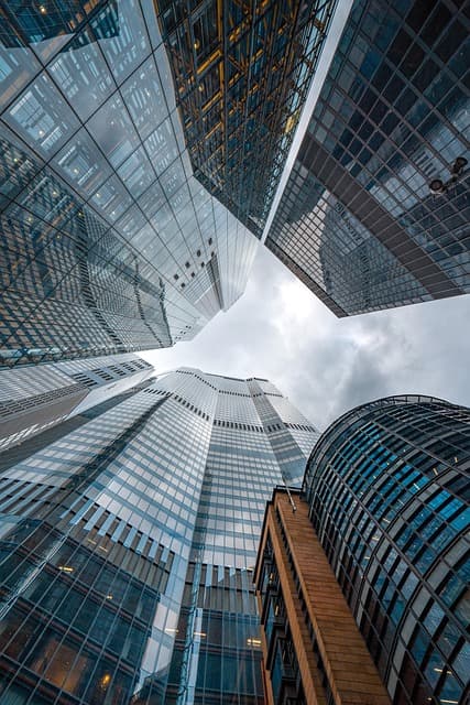 skyscraper, architecture, city, facade, glass, perspective, cityscape, high