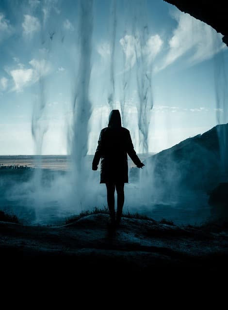 waterfall, mountains, fog, water, summer, landscape, scenery, clouds, reflection, reykjavik, black beach, road trip, vacation, iceland, black wallpaper, black, nature, aesthetic wallpaper, phone wallpaper