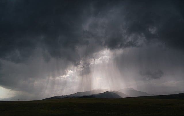 thunderstorm, rain, double rainbow, clouds, dark sky, nature, atmosphere, mountains, light, raindrops, stormy weather, outdoors, dramatic, rainy, pasture, natural beauty, panorama, atmospheric, wilderness
