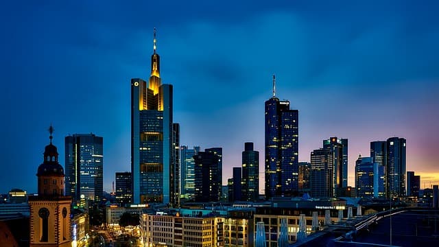 buildings, city, nature, illuminated, city lights, skyline, skyscrapers, urban, urban landscape, metropolitan, frankfurt, germany, panorama, cityscape, downtown, modern, architecture, sunset, dusk