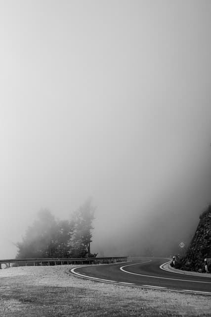 road, fog, mist, asphalt, travel, monochrome