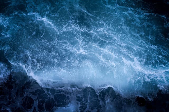 ocean, sea, water, waves, crashing waves, seascape, sea foam, nature, spume, aerial view, bird's eye view, blue water, blue sea, blue ocean
